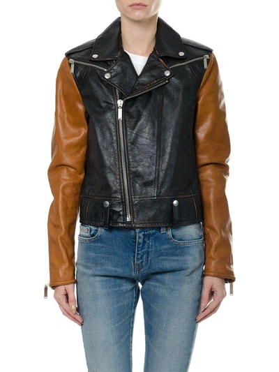 Shop Saint Laurent Motorcycle Jacket With Sleeves In Contrasting Colour In Black/cognac