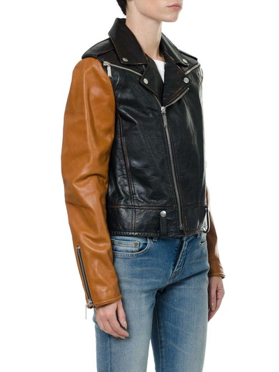 Shop Saint Laurent Motorcycle Jacket With Sleeves In Contrasting Colour In Black/cognac