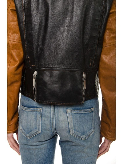 Shop Saint Laurent Motorcycle Jacket With Sleeves In Contrasting Colour In Black/cognac