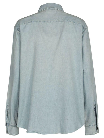 Shop Saint Laurent Paris Camicia Denim Logo Pocket In Light Blue