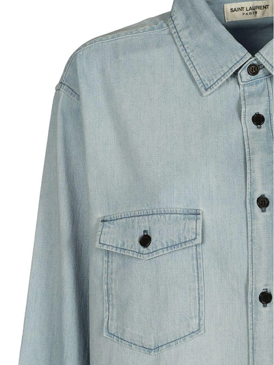 Shop Saint Laurent Paris Camicia Denim Logo Pocket In Light Blue