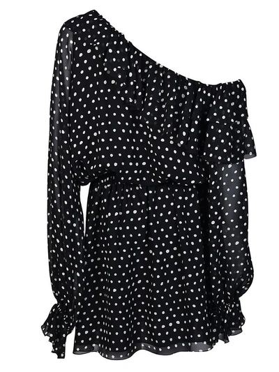 Shop Saint Laurent Polka-dot One Shoulder Dress In Black