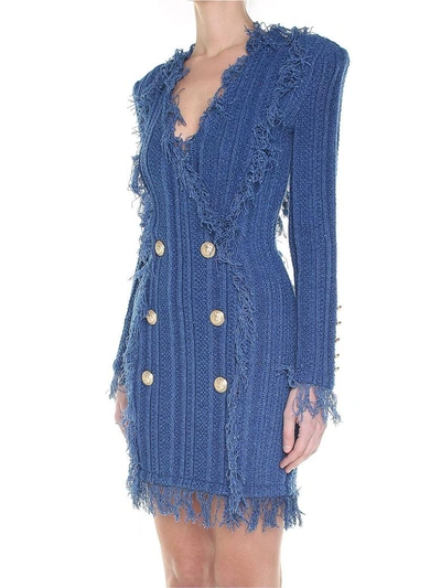 Shop Balmain Frayed Cotton-knit Mini Dress In Blu