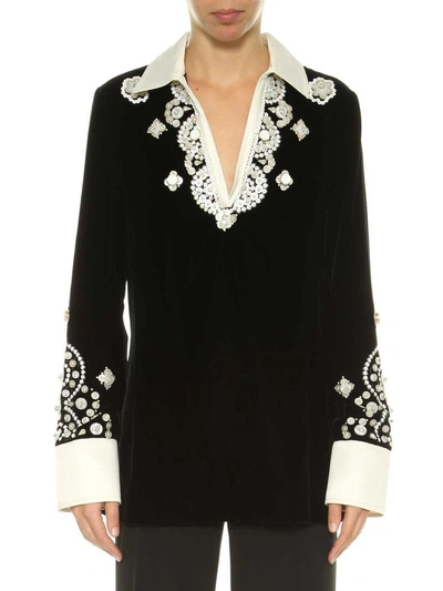 Shop Tory Burch Embroidered Velvet Top In Nero