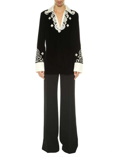 Shop Tory Burch Embroidered Velvet Top In Nero