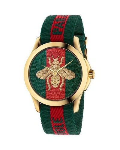 Shop Gucci 38mm Le Marche Des Merveilles Bee Watch W/ Nylon Web Strap In Green/red