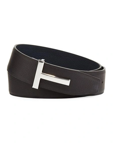 Shop Tom Ford T-buckle Reversible Leather Belt In Chocolate / Navy
