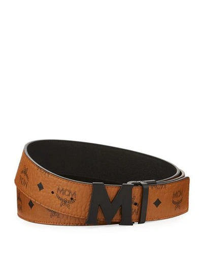 Shop Mcm Visetos Reversible Matte-buckle Belt In Cognac