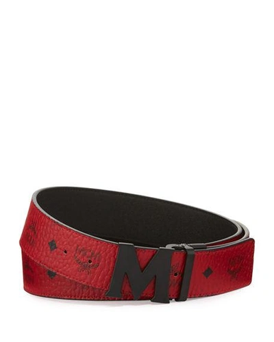 Shop Mcm Visetos Reversible Matte-buckle Belt In Ruby Red