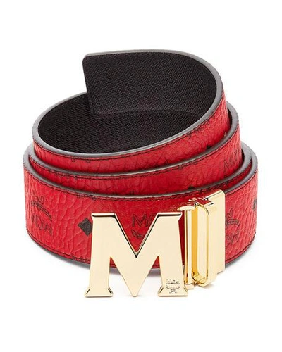 Shop Mcm Claus Golden Reversible Visetos/saffiano Belt In Ruby Red