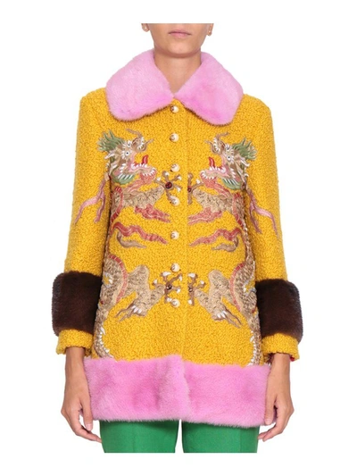 Shop Gucci Embroidered Wool Coat In Giallo