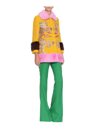 Shop Gucci Embroidered Wool Coat In Giallo
