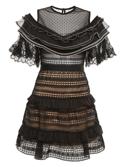 Shop Self-portrait Ruffled Lace Dress In Black|nero