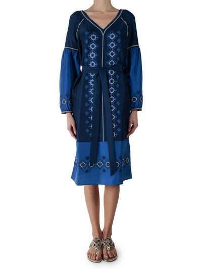 Shop Tory Burch Katya Embroidered Washed Silk-satin Tunic Dress In Blu