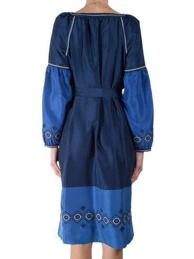 Shop Tory Burch Katya Embroidered Washed Silk-satin Tunic Dress In Blu
