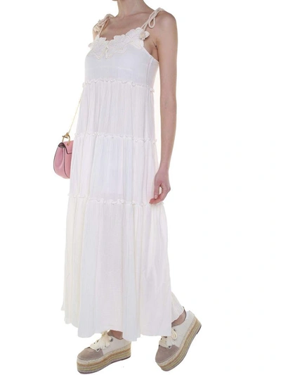 Shop See By Chloé Floral-embroidered Cotton Dress In Bianco
