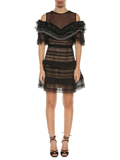 Shop Self-portrait Dress With Frills And Lace In Nero