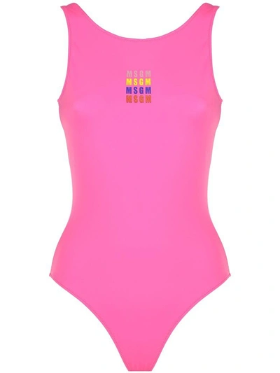 Shop Msgm Multi Logo-print Lycra Swimsuit In Purple