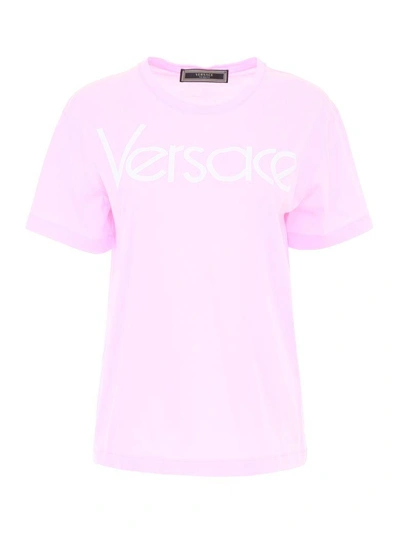 Shop Versace T-shirt With Logo Embroidery In Rosa Biancorosa