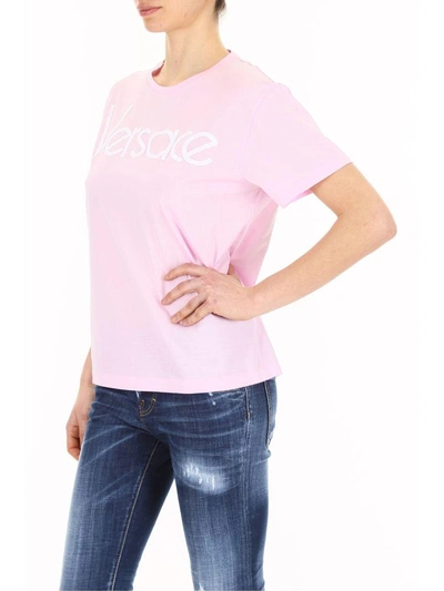 Shop Versace T-shirt With Logo Embroidery In Rosa Biancorosa
