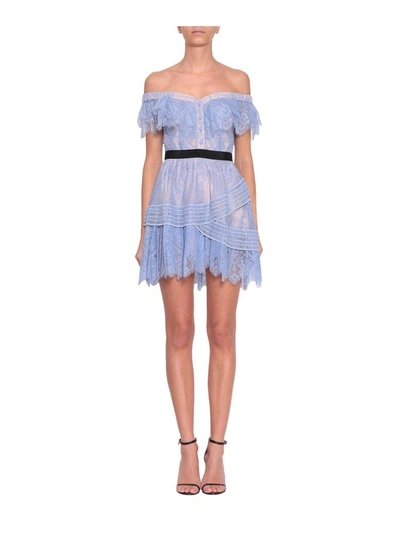 Shop Self-portrait Off Shoulder Lace Mini Dress In Azzurro