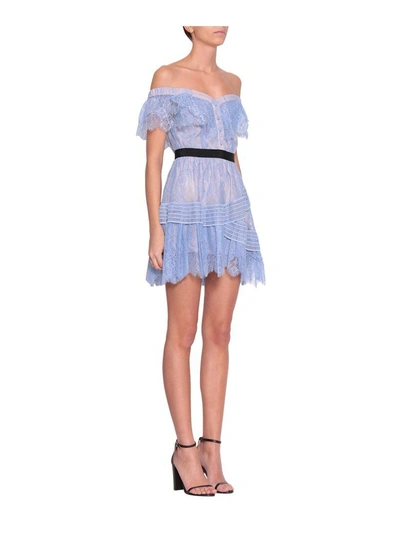 Shop Self-portrait Off Shoulder Lace Mini Dress In Azzurro