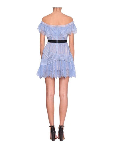 Shop Self-portrait Off Shoulder Lace Mini Dress In Azzurro