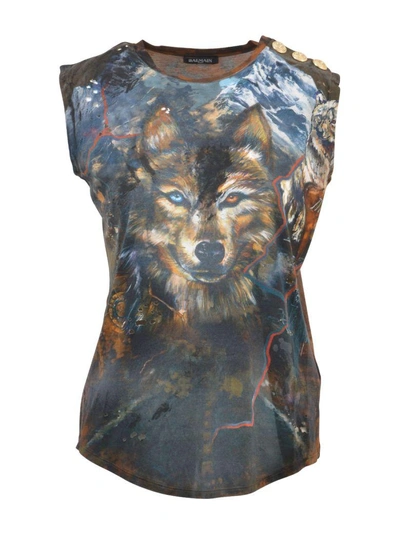 Shop Balmain Wolf Print T-shirt In Multicolor