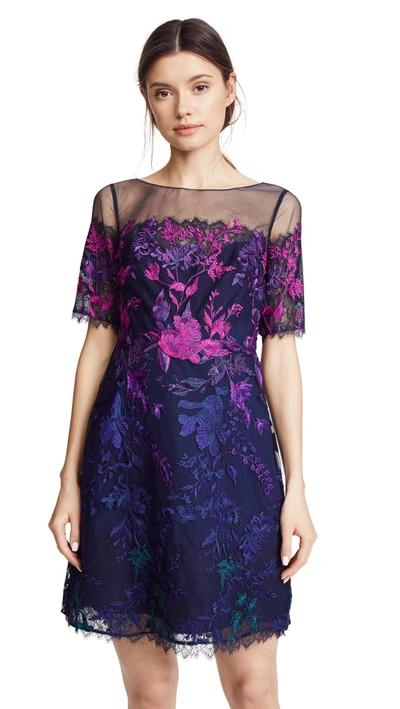 Shop Marchesa Notte Ombre Cocktail Dress With Floral Embroidery In Navy