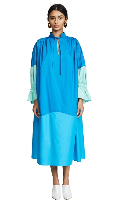 Shop Vika Gazinskaya Relaxed Fit Maxi Dress With Pleated Sleeves In Blue/aquamarine/azure