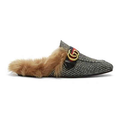 Shop Gucci Black & White Herringbone Wool-lined Princetown Slip-on Loafers