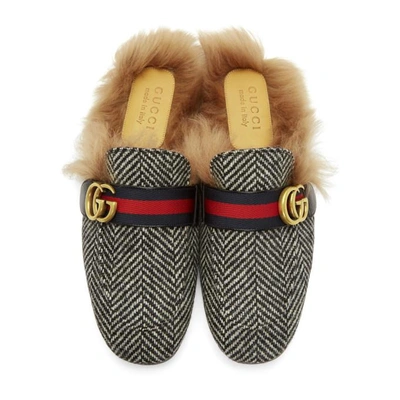 Shop Gucci Black & White Herringbone Wool-lined Princetown Slip-on Loafers