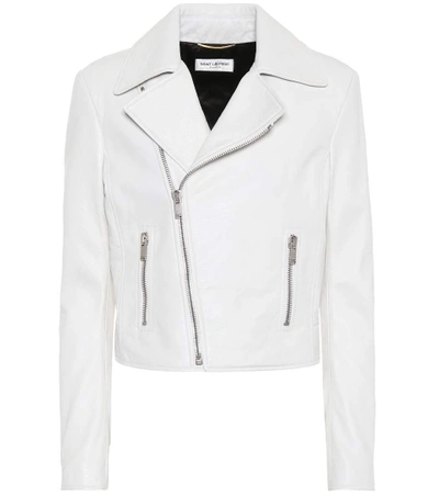 Shop Saint Laurent Leather Biker Jacket In White