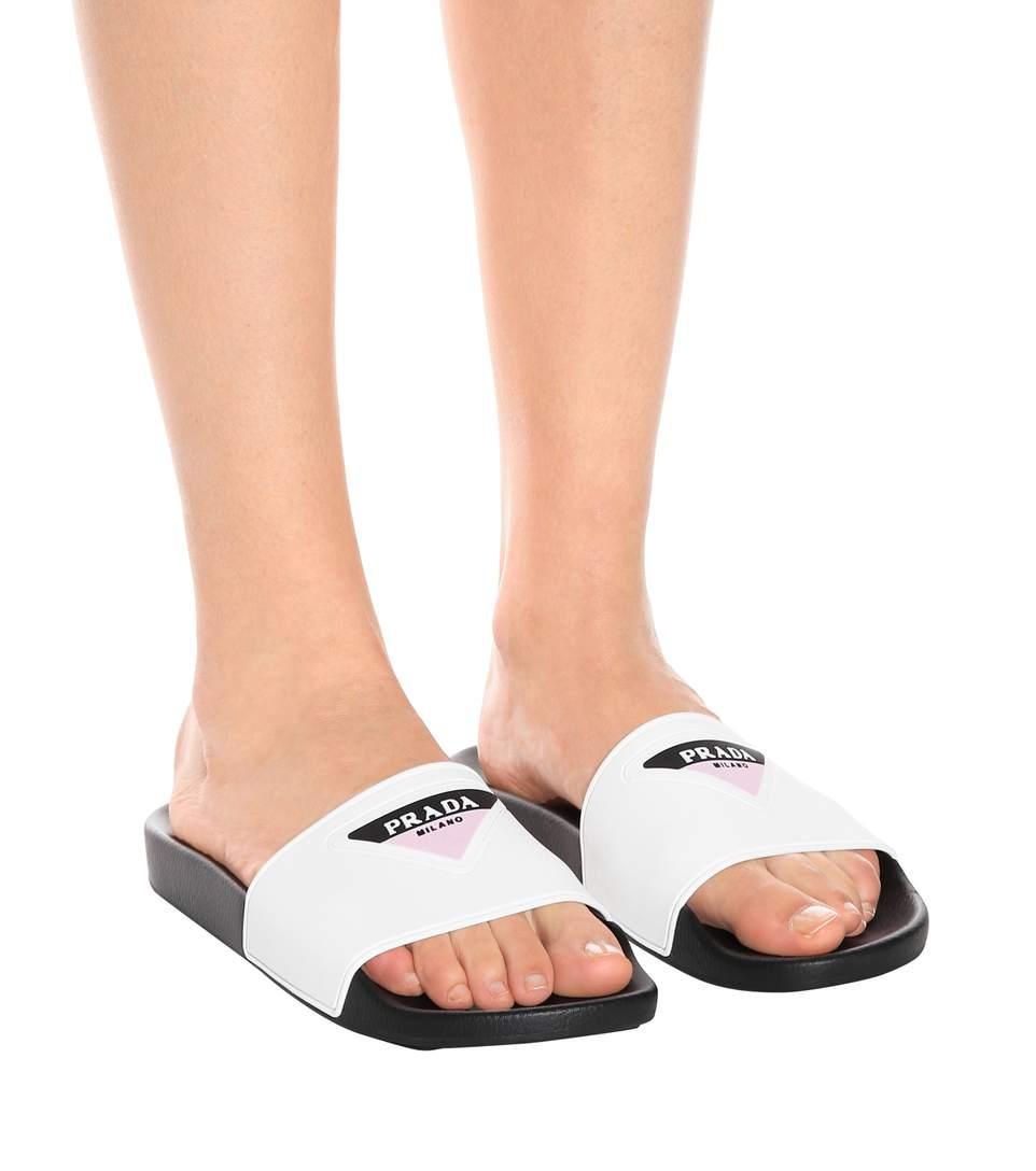 Prada 20mm Logo Embossed Rubber Slide Sandals In White | ModeSens