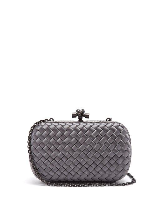 Bottega Veneta Intreccio Knot Satin & Genuine Snakeskin Clutch - Grey ...