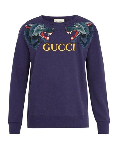 Gucci Cotton Sweatshirt With Wolf Head Appliqués In Navy | ModeSens