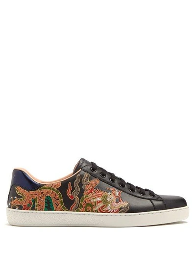 Gucci Ace Dragon-embroidered Low-top Leather Trainers In Black | ModeSens
