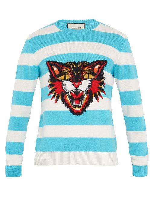 striped wool intarsia sweater with appliqués