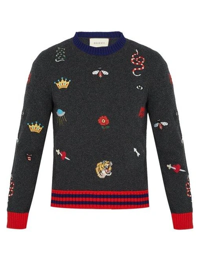 zwaarlijvigheid motto zadel Gucci Wool Sweater With Embroideries In Dark Grey | ModeSens
