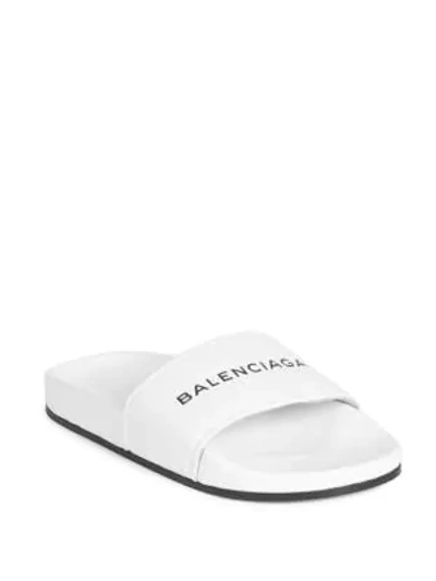 Shop Balenciaga Leather Logo Pool Slides In White