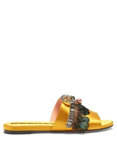Rochas Feather And Crystal-embellished Satin Slides In Dark Yellow ...