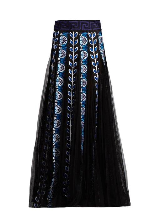 Mary Katrantzou Pillar Embroidered Organza Maxi Skirt In Black Blue ...