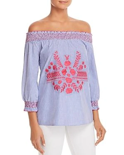 Shop Design History Embroidered Pinstripe Off-the-shoulder Top In Athens Blue Combo