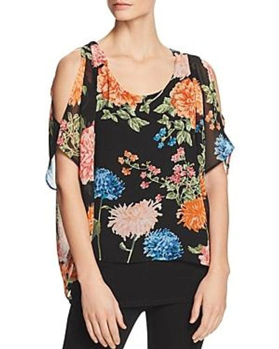 Shop Avec Cold-shoulder Floral Overlay Top In Black