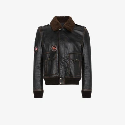 Shop Saint Laurent Leather Flight Jacket With Patches In Black