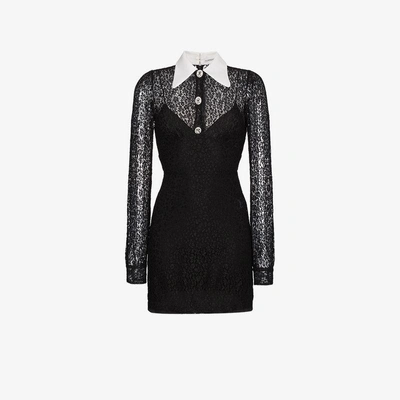 Shop Alessandra Rich Silk Mini Lace Dress With Contrast Collar In Black