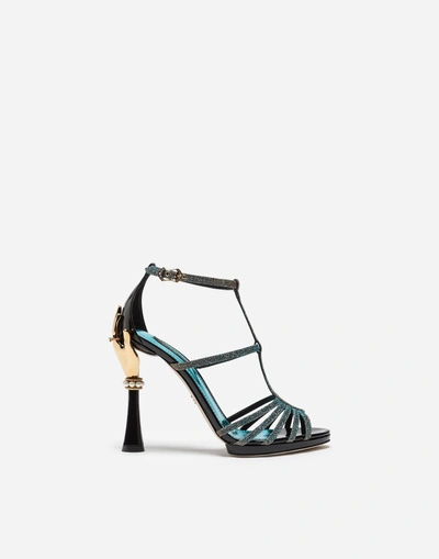 Shop Dolce & Gabbana Sandal In Color-changing Fabric And Patent Leather With Sculpted Heel In Blue