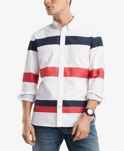 Shop Tommy Hilfiger Men's Blaine Custom-fit Stripe Oxford Shirt, Created For Macy's In Bright White