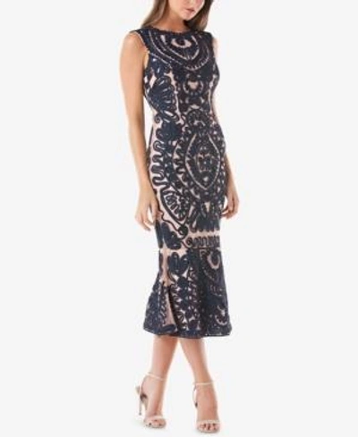 Shop Js Collections Embroidered Soutache Midi Dress In Navy Nude