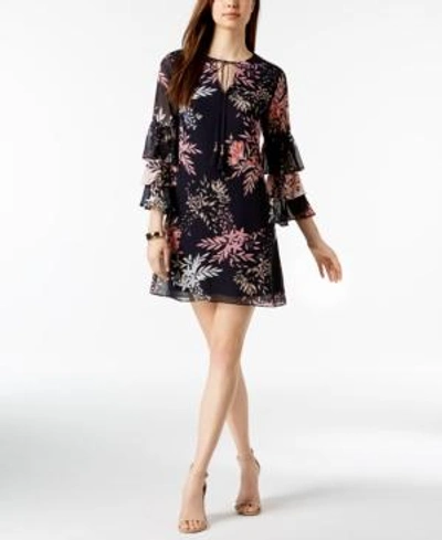 Shop Vince Camuto Printed Ruffle Tiered-sleeve Dress In Navy Multi